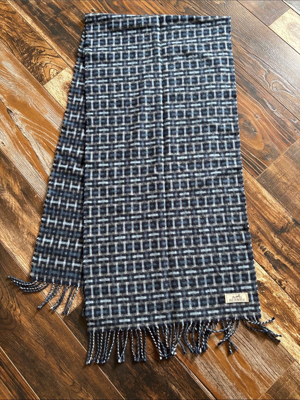 Hermes Men's Navy and Light Blue Checked Wool Scarf